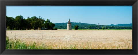 Framed Wheatfield with stone tower, Meyrargues, Bouches-Du-Rhone, Provence-Alpes-Cote d&#39;Azur, France Print