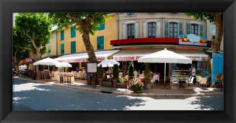 Framed Restaurants during lunch hour along the Rue Du Marche, Riez, Alpes-de-Haute-Provence, Provence-Alpes-Cote d&#39;Azur, France Print