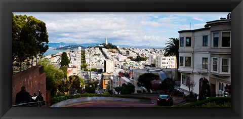 Framed Aerial view of the Lombard Street, Coit Tower, Bay Bridge, San Francisco, California, USA Print