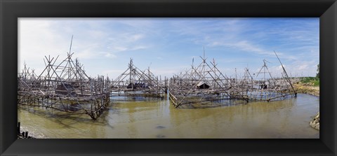 Framed Fishing platforms along coast of Madura Island, Indonesia Print