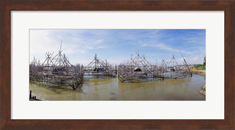 Framed Fishing platforms along coast of Madura Island, Indonesia Print