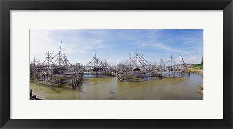 Framed Fishing platforms along coast of Madura Island, Indonesia Print