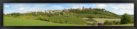 Framed Vineyards with the town on a hill, Vezelay, Yonne, Burgundy, France Print