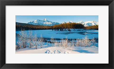 Framed Frozen river with mountain range in the background, Mt Fryatt, Athabaska River, Jasper National Park, Alberta, Canada Print