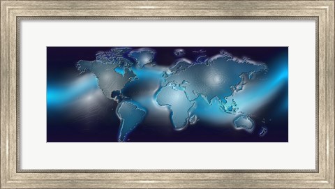 Framed Map of the world with blue trail Print