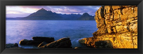 Framed Rock formations at coast, Elgol, Black Cuillin, Isle of Skye, Inner Hebrides, Scotland Print