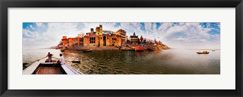 Framed Buildings at riverbank viewed from a boat, Ganges River, Varanasi, Uttar Pradesh, India Print