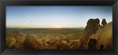 Framed Rock formations on a landscape at sunrise, Cappadocia, Central Anatolia Region, Turkey Print