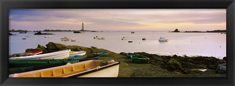 Framed Boats at Lilia with lighthouse in background on Iles Vierge, Brittany, France Print