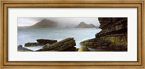 Framed Rock formations at coast, Black Cuillin, Elgol, Isle of Skye, Inner Hebrides, Highlands Region, Scotland Print