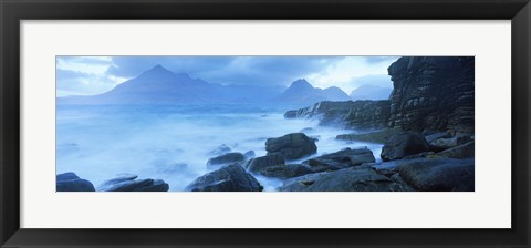 Framed Black Cuillin and waves at coast, Elgol, Isle of Skye, Inner Hebrides, Highlands Region, Scotland Print