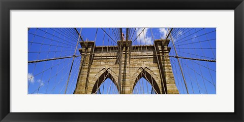 Framed Low angle view of a suspension bridge, Brooklyn Bridge, New York City, New York State, USA Print