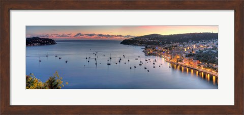 Framed Elevated view of a city at dusk, Villefranche-Sur-Mer, Alpes-Maritimes, Provence-Alpes-Cote d&#39;Azur, France Print