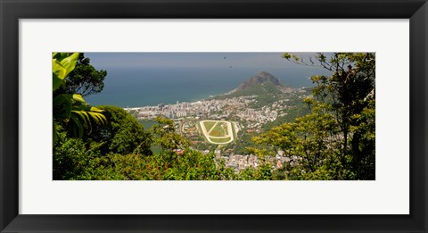 Framed Aerial view of a town on an island, Ipanema Beach, Leblon Beach, Corcovado, Rio De Janeiro, Brazil Print