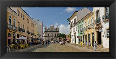 Framed Sidewalk cafes on a street in Pelourinho, Salvador, Bahia, Brazil Print