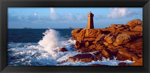 Framed Waves crashing at Ploumanac&#39;h Lighthouse, Pink Granite Coast, Perros-Guirec, Cotes-d&#39;Armor, Brittany, France Print