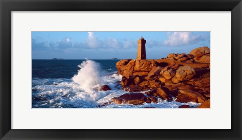 Framed Waves crashing at Ploumanac&#39;h Lighthouse, Pink Granite Coast, Perros-Guirec, Cotes-d&#39;Armor, Brittany, France Print