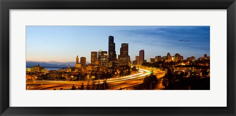 Framed Skyscrapers lit up at dusk in a city, Seattle, King County, Washington State, USA 2013 Print