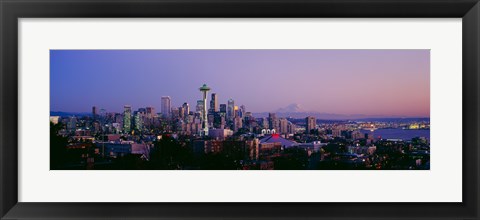 Framed High angle view of a city at sunrise, Seattle, Mt Rainier, Washington State Print