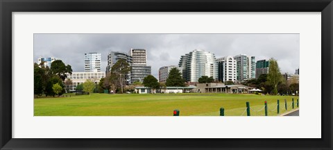 Framed Apartment buildings along Queens Road at edge of Albert Park Lake, Melbourne, Victoria, Australia Print