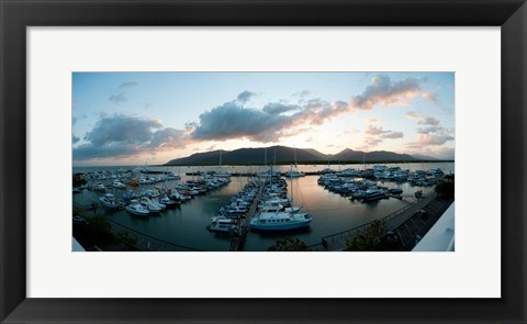 Framed Boats at a marina at dusk, Shangri-La Hotel, Cairns, Queensland, Australia Print