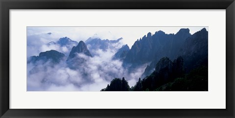 Framed High angle view of misty mountains, Huangshan Mountains, Anhui Province, China Print