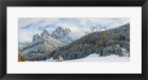 Framed Little church at the snowy valley in winter, St Johann Church, Val di Funes, Dolomites, Italy Print