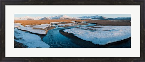 Framed Snow along a river with mountains in background, Eskey, Hofn, Iceland Print