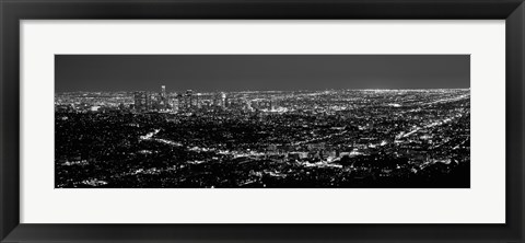 Framed Black and White View of Los Angeles at Night from a Distance Print