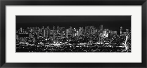 Framed High angle view of a city lit up at night, Honolulu, Oahu, Honolulu County, Hawaii (black and white) Print