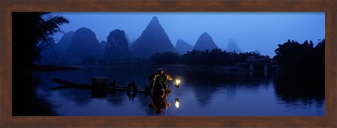 Framed Fisherman fishing at night, Li River , China Print