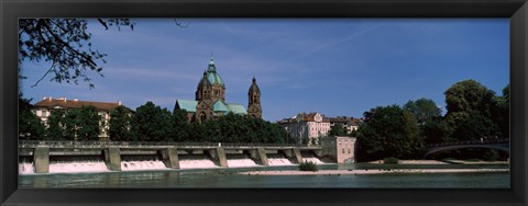 Framed Church at the riverside, St. Luke Church, Isar, Munich, Bavaria, Germany Print