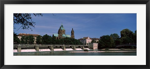 Framed Church at the riverside, St. Luke Church, Isar, Munich, Bavaria, Germany Print