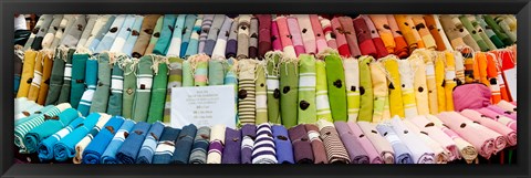 Framed Tablecloths for sale at a market stall, Lourmarin, Vaucluse, Provence-Alpes-Cote d&#39;Azur, France Print