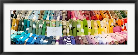 Framed Tablecloths for sale at a market stall, Lourmarin, Vaucluse, Provence-Alpes-Cote d&#39;Azur, France Print