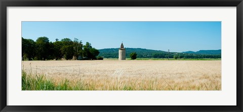 Framed Wheatfield with stone tower, Meyrargues, Bouches-Du-Rhone, Provence-Alpes-Cote d&#39;Azur, France Print