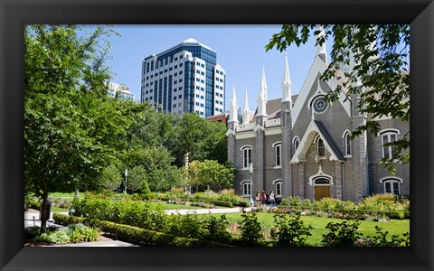 Framed Assembly hall in a city, Salt Lake Assembly Hall, Temple Square, Salt Lake City, Utah, USA Print