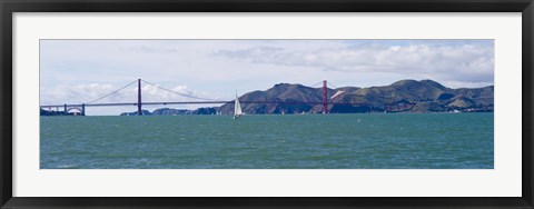 Framed Suspension bridge with a mountain range in the background, Golden Gate Bridge, Marin Headlands, San Francisco, California, USA Print