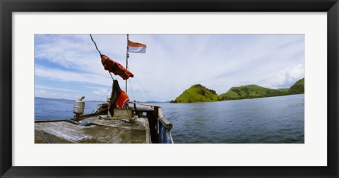 Framed Boat in the sea with islands in the background, Flores Island, Indonesia Print