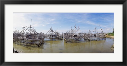 Framed Fishing platforms along coast of Madura Island, Indonesia Print