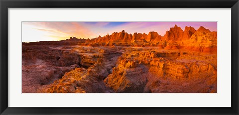 Framed Alpenglow on rock formations at sunrise, Door Trail, Badlands National Park, South Dakota, USA Print