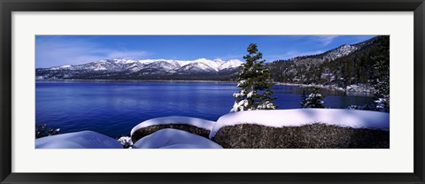 Framed Lake with a snowcapped mountain range in the background, Sand Harbor, Lake Tahoe, California, USA Print