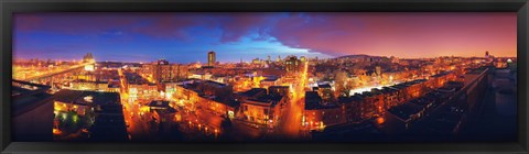 Framed High angle view of a city lit up at night, Montreal, Quebec, Canada Print