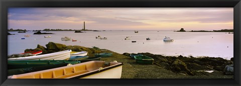 Framed Boats at Lilia with lighthouse in background on Iles Vierge, Brittany, France Print