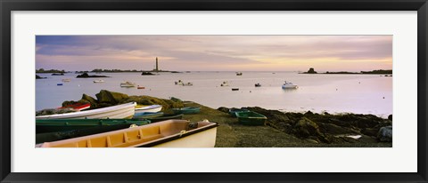 Framed Boats at Lilia with lighthouse in background on Iles Vierge, Brittany, France Print