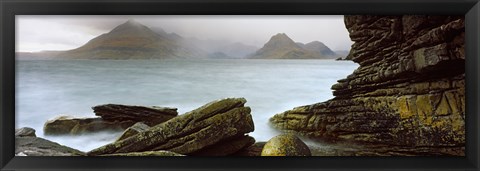 Framed Rock formations at coast, Black Cuillin, Elgol, Isle of Skye, Inner Hebrides, Highlands Region, Scotland Print