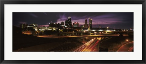 Framed Skyscrapers lit up at night in a city, Kansas City, Jackson County, Missouri, USA 2012 Print