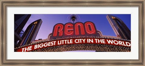 Framed Low angle view of the Reno Arch at dusk, Virginia Street, Reno, Nevada, USA Print