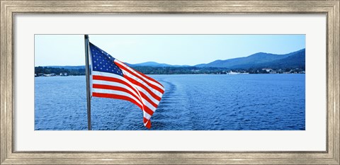 Framed Flag and view from the Minne Ha Ha Steamboat, Lake George, New York State, USA Print