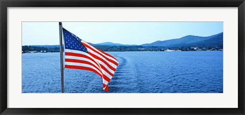 Framed Flag and view from the Minne Ha Ha Steamboat, Lake George, New York State, USA Print